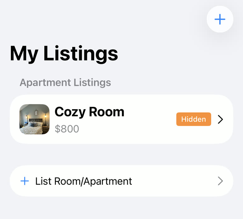 The My Listings screen, with an existing listing above a List Room/Apartment row and a plus button in the top right
