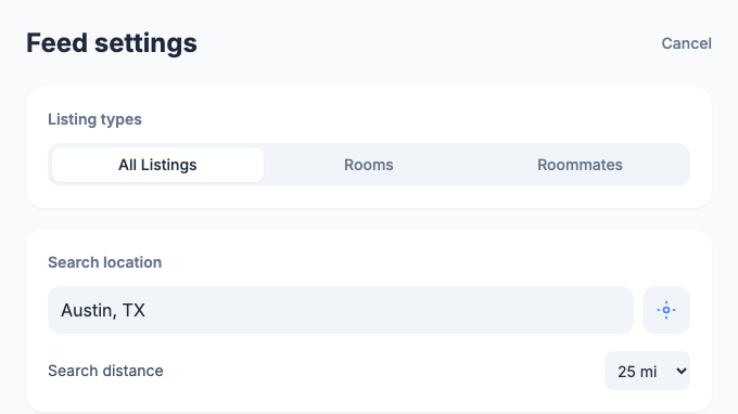 Feed settings on the website, with the Listing types selector set to All Listings and the search location below it